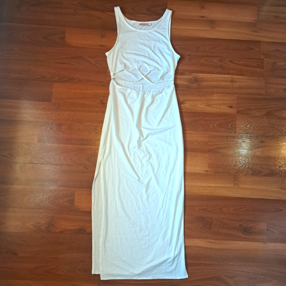 White Sleeveless Cut Out Double Slit Beach summer sexy bodycon knit Midi Dress